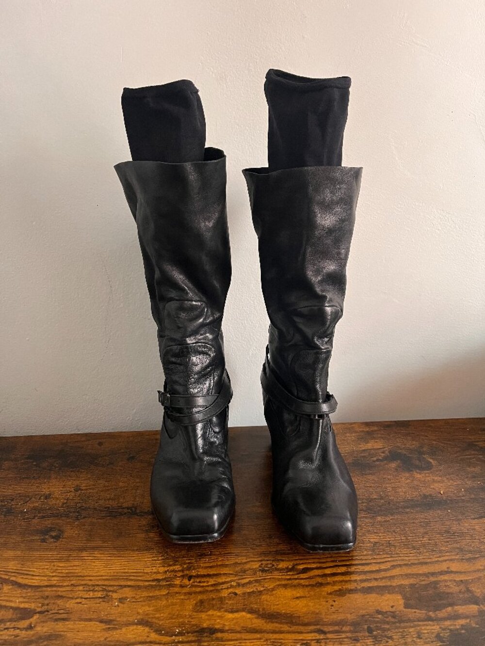 Designer Black Leather Layered Sock Block Heel Boots